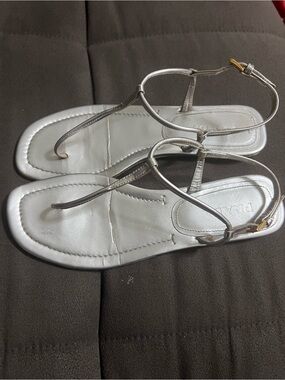 Prada Women’s Metallic Silver Leather T-Strap Sandals